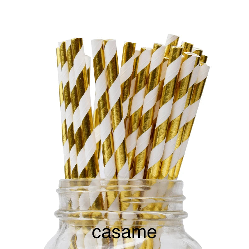 25PCS Metallic Gold & Silver Foil Papper Straws – Hjärta, Star & Chevron Mönster Biologiskt nedbrytbara Fest Straws för bröllop, födelsedag och evenemang