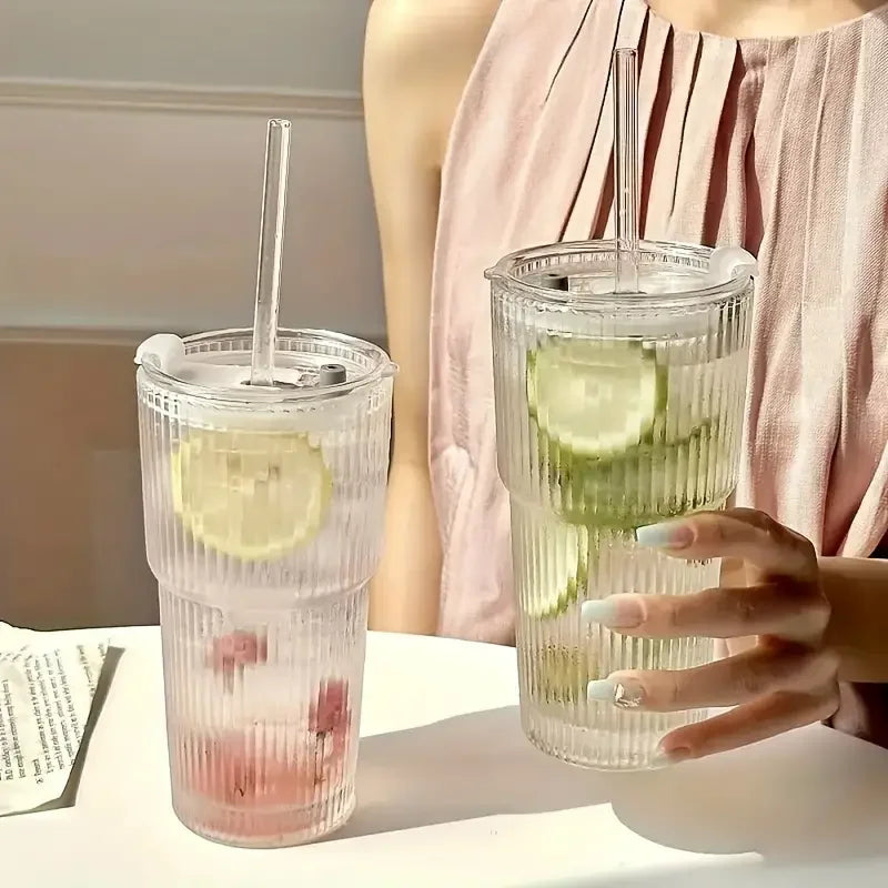 1/2 stk 600 ml Stripe Glas Cup med Lid og Straw ! Transparent Juice, vand, og Iced Coffee Drikkeglas