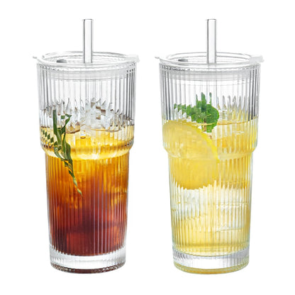 1/2 stk 600 ml Stripe Glas Cup med Lid og Straw ! Transparent Juice, vand, og Iced Coffee Drikkeglas