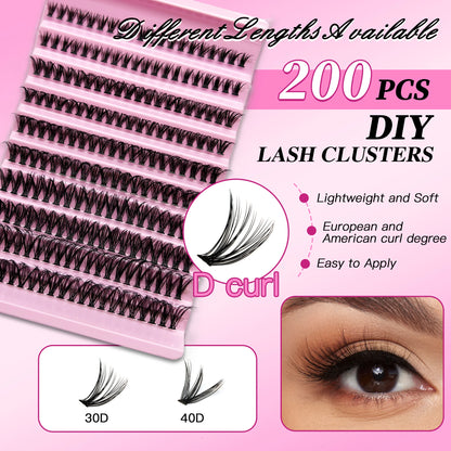 MAN!JE=SEN DIY Eyelash Extension Kit 200PCS Lash Clusters med Lash Bond & Seal, Professionelle Makeup Tools til limning Lashes