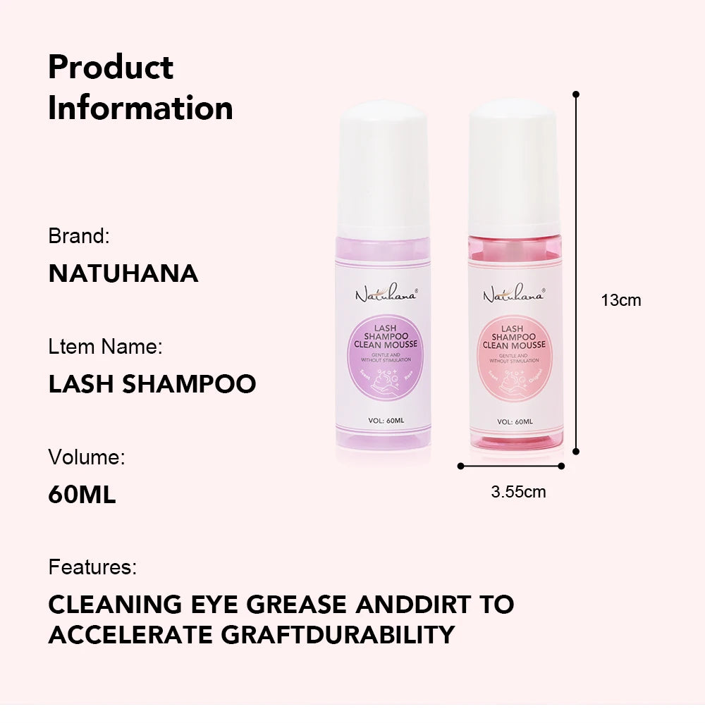 Natuhana 60ml Eyelash Extension Shampoo Mousse Lash Rengøringsskum for falske øjenvipper, skånsomt & ikke- irriterende makeup værktøj