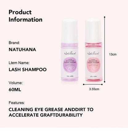 Natuhana 60ml Eyelash Extension Shampoo Mousse Lash Rengøringsskum for falske øjenvipper, skånsomt & ikke- irriterende makeup værktøj