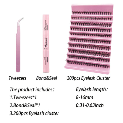 MAN!JE=SEN DIY Eyelash Extension Kit 200PCS Lash Clusters med Lash Bond & Seal, Professionelle Makeup Tools til limning Lashes