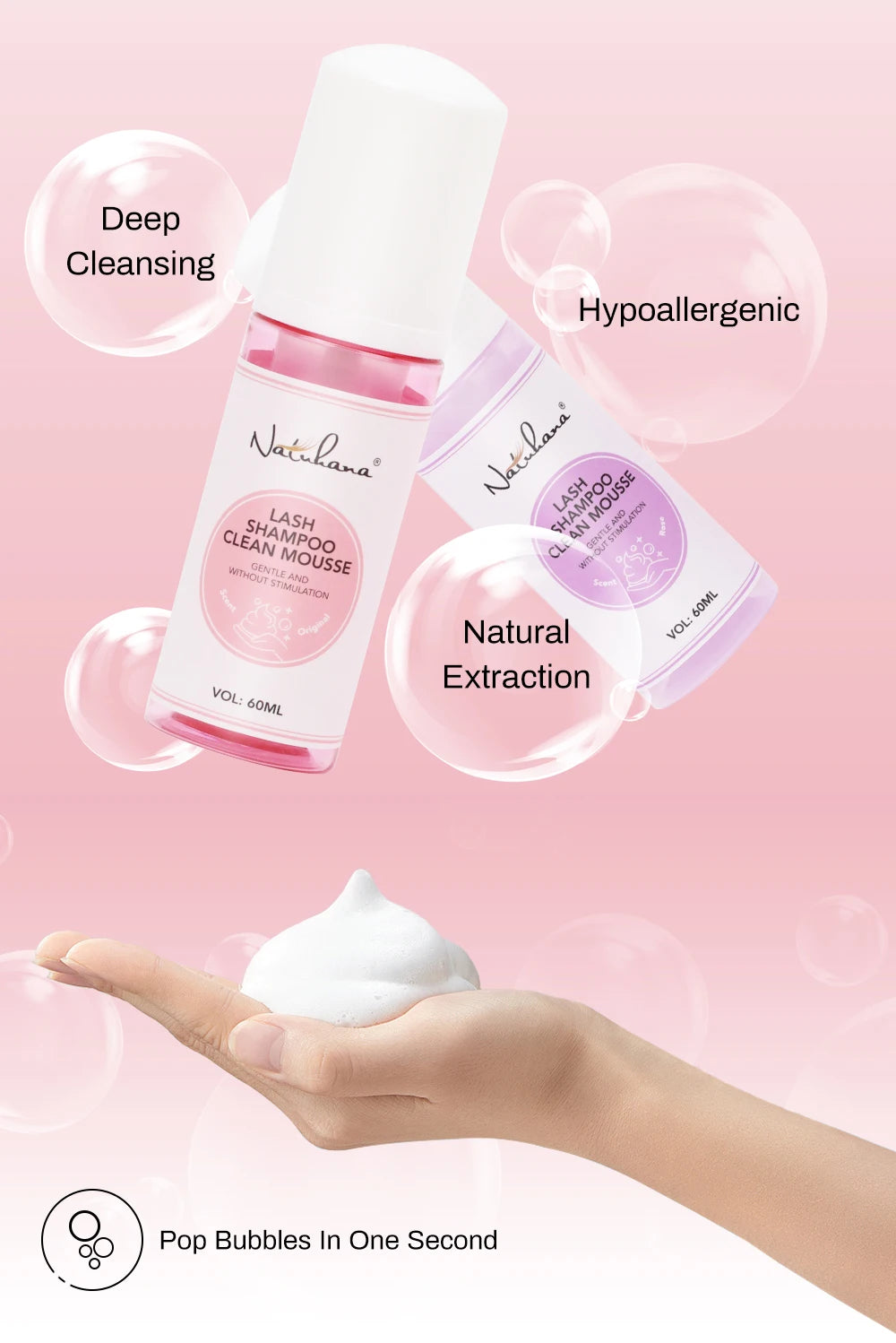 Natuhana 60ml Eyelash Extension Shampoo Mousse Lash Rengøringsskum for falske øjenvipper, skånsomt & ikke- irriterende makeup værktøj