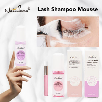 Natuhana 60ml Eyelash Extension Shampoo Mousse Lash Rengøringsskum for falske øjenvipper, skånsomt & ikke- irriterende makeup værktøj