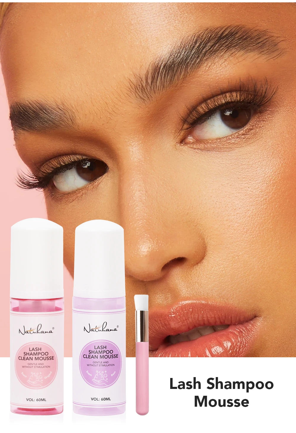 Natuhana 60ml Eyelash Extension Shampoo Mousse Lash Rengøringsskum for falske øjenvipper, skånsomt & ikke- irriterende makeup værktøj